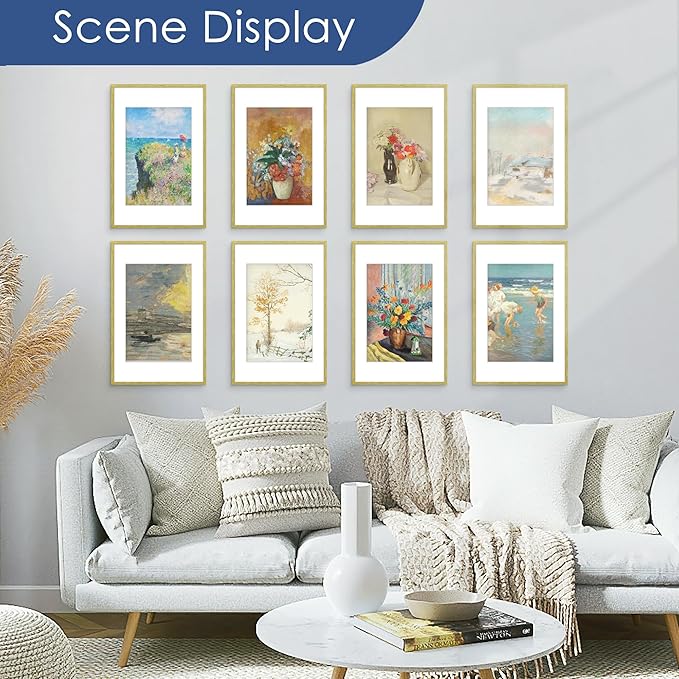 PEALSN 11x17 Picture Frame Set of 6, Display Pictures 8x12 with Mat or 11 x 17 without Mat for Wall Mounting Display, Photo Frames Collage for Wall Decor, Gold