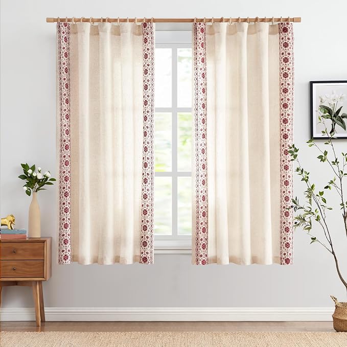 jinchan Boho Curtains for Bedroom Red Vintage Floral Farmhouse Curtains 63 Inch Linen Blend Drapes for Living Room Embroidered Light Filtering Drapes Rod Pocket Red on Beige 2 Panels