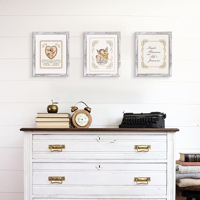 upsimples 8x10 Picture Frame, Display Pictures 5x7 with Mat or 8 x 10 Without, Wall Hanging Photo Frames, Rustic White, 1 Pack
