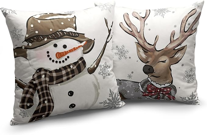 Christmas Decorative Pillow Covers 20x20 Brown Snowman Reindeer with Snowflakes Throw Pillow Covers Cotton Linen Cushion Case for Holiday Decor Couch Living Room Set of 2
