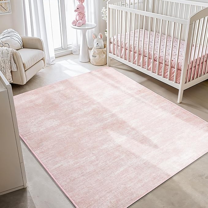 6x9 Washable Area Rug, Pink Solid Area Rugs for Living Room & Bedroom | Stain-resistant & Non-slip backing,Low Pile Washable Large Carpet, Solid Vintage Style For High Traffic Areas(6x9,Pink)