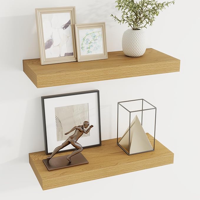Dreamland 20Inch Floating Shelves 6.7" Deep Wall Mounted Set of 2 Oak | Wall shelves for bathroom, bedroom, Living Room, kitchen, deep wall mount wood storage display for home decor 20" x 6.7"