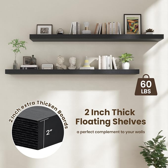 FLYJOE 72 Inch Floating Shelves | 12 Inch Deep Black Floating Shelves Set of 2 | 72" W x 12" D Rustic Black Wood Wall Shelves for Bathroom Living Room Kitchen Laundry Room