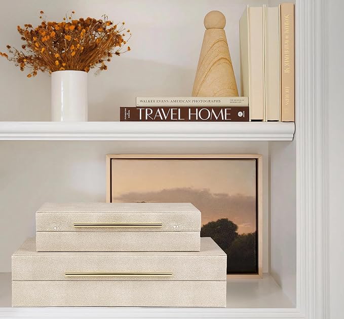 HofferRuffer Faux Leather Decorative Boxes Set of 2, Large Nesting Keepsake Box Accessory Organizer Jewelry Organizer with Hinged Lid, Stacking Storage Box Container for Home or Office (Light Grey)