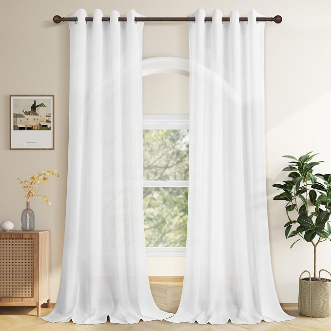White Sheer Linen Curtain 108 Inches Long 2 Panels for Ceiling Living Room Drapes Grommet Aesthetic Boho Modern Farmhouse Cotton Curtains 108 Inch Length for Large Window Bedroom Sliding Door 9FT