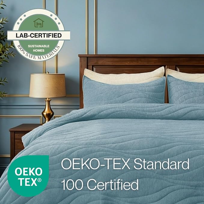 DOWN HOME Crinkle Textured Velvet Quilt Set with Shams, All-Season Luxury Modern Bedding,Easy Care Comforter,Ultra-Soft,Lightweight & Breathable, King, Celestial Blue