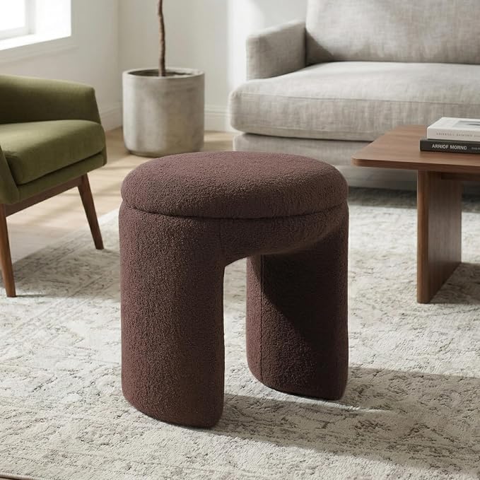 Furniture of America Rami Modern 18-inch Solid Wood Upholstered Ottoman with Pedestal Base, Vanity Stool Chair, Small Foot Stool for Bedroom, Living Room, Entryway, No Assembly Needed, Brown