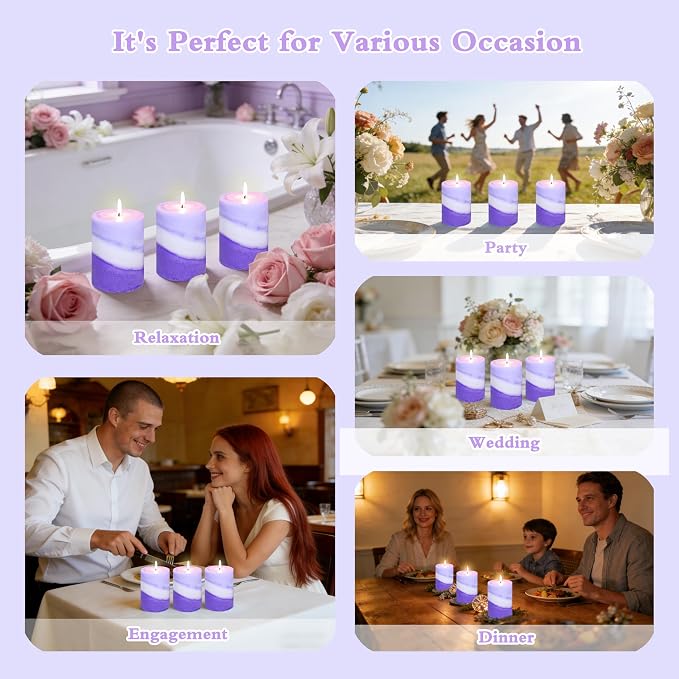 Lavender Scented Pillar Candles, Purple and White Striped, 3x4 Inch, 100% Cotton Core Handmade Paraffin Wax Candles for Bathroom Living Room Home Decor, Set of 3