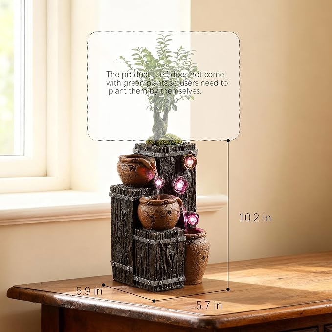 MAOCHI Tabletop Water Fountain, Woodgrain Succulent Growing Fountain with 5 LED Color Changing Lights, Meditation Desk Water Decorative Home Decor, Office Decor or House Warming Gifts new Home