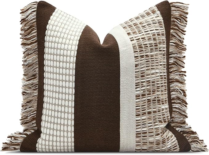 Dark Brown Boho Throw Pillow Cover 20x20 | Square Decorative Pillows Cushion Cases with Handmade Drawn Work Tassel for Couch Bed Sofa Living Room Decor