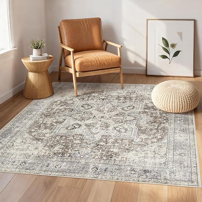 Tortania 6' Square Area Rug Living Room Rugs - Washable Boho Rug Vintage Oriental Distressed Farmhouse Large Thin Indoor Carpet for Bedroom Under Dining Table Home Office - Brown Blue