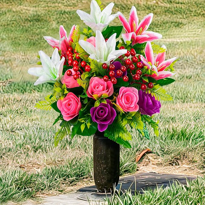 XONOR Artificial Cemetery Flowers with Vase, Set of 2 Artificial Rose Lily Bouquet Graveyard Memorial Flowers for Cemetery Headstones Decoration