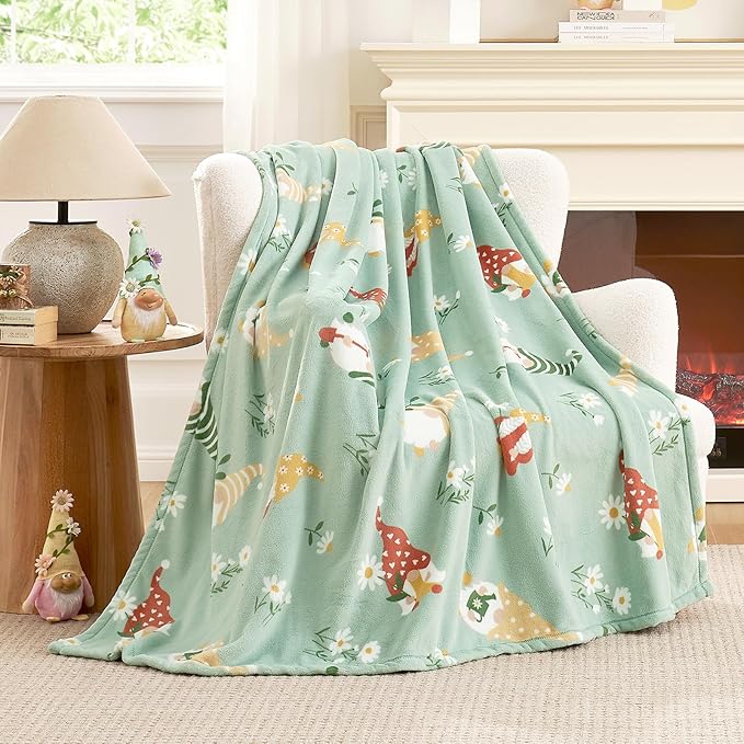 Cozy Bliss Gnome Spring Throw Blanket - Garden Daisy Floral Design, Warm MilkyPlush Throw Blankets, Ultra Soft Cozy Blankets for Couch, Sofa and Bed, Green, 60X80inches