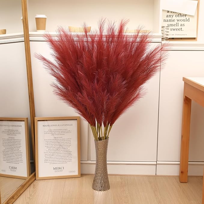 Wertuirk Burgundy Pampas Grass Decor, 8 Pcs 45 Inch Tall Large Faux Pompous Grass, Long Artificial Flowers for Floor Vases, Wedding Centerpieces, Baby Shower and Home Decoration (Burgundy)