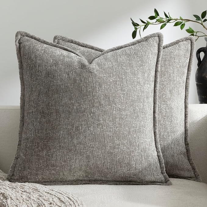 DEZENE Pack of 2 Light Gray Decorative Throw Pillow Covers 16x16 Cozy Soft Chenille Accent Vintage Square Couch Pillow Covers for Home Decor Bed Sofa Living Room
