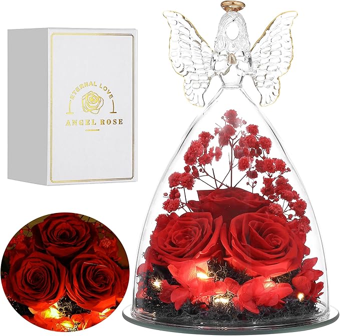 Mothers Day Rose Gifts for Women Preserved Real Flower in Glass Angel Figurines Roses for Delivery Prime Birthday Gifts for Mom Grandma Girlfriend Wife Her - Red