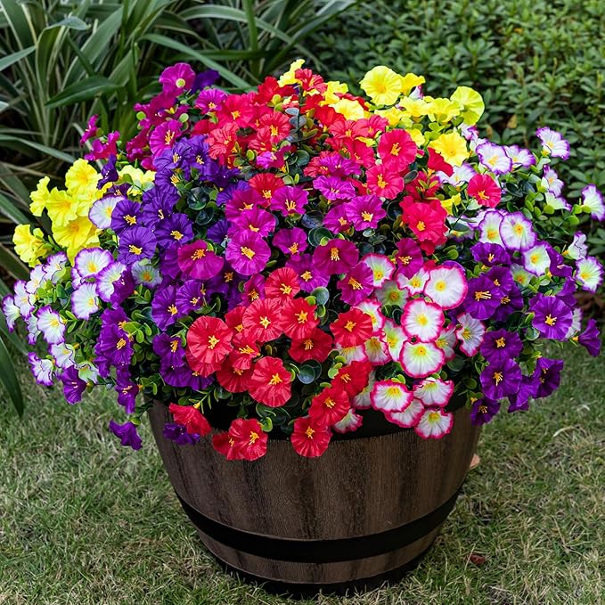 Nigirior Artificial Faux Flowers for Outdoor 16 Bundles Boxwood Fake Morning Glory for Planter,UV Resistant Fake Flowers for Home Porch Patio Outside（8 Color）