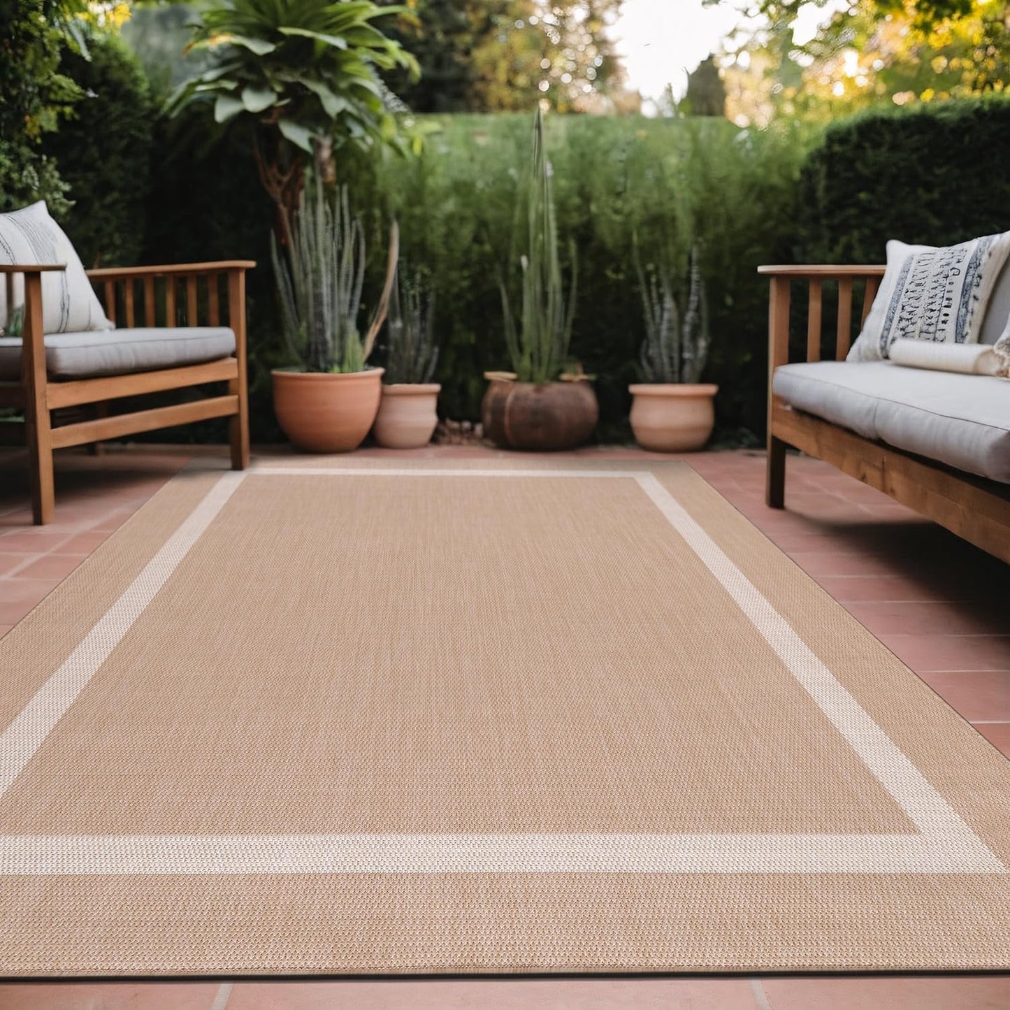 Bordered Outdoor Rug 6x9 Washable Outside Carpet for Indoor Patio Porch Waterproof Easy Cleaning Non Shedding Area Rugs Beige 6 x 9