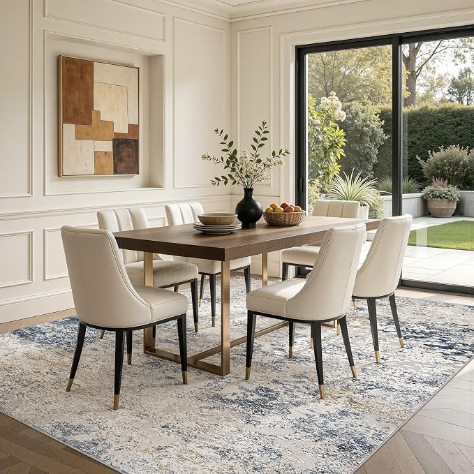 DMOYEST Area Rug Living Room Rugs - 10x12 Large Soft Indoor Neutral Modern Abstract Low Pile Washable Rug Carpet for Bedroom Dining Room Farmhouse Home Office - Beige Blue