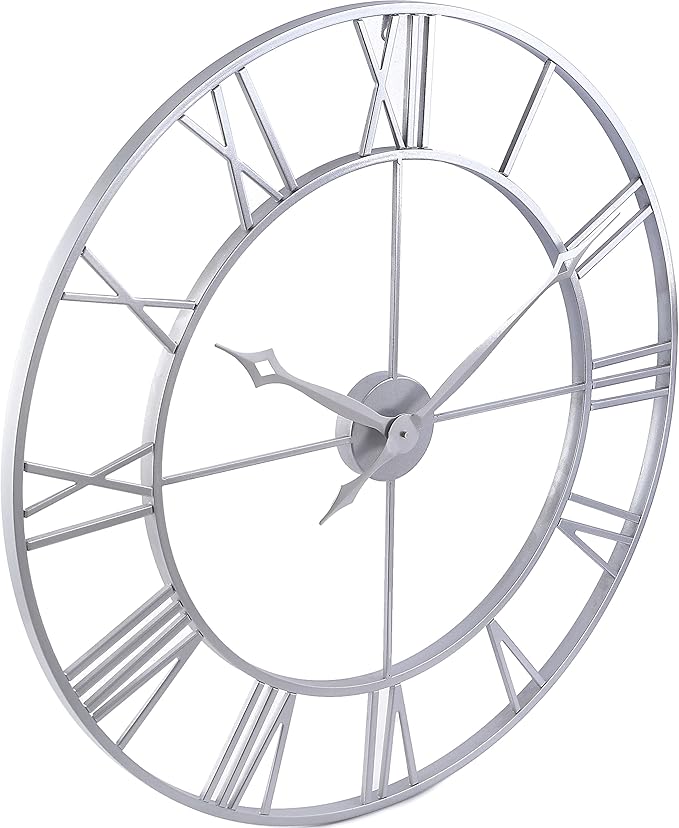 CLXEAST Large Modern 30 Inch Wall Clock Silver, Oversized Big Roman Numeral Metal Wall Clocks for Living Room Decor, Home Office,Dinning Room