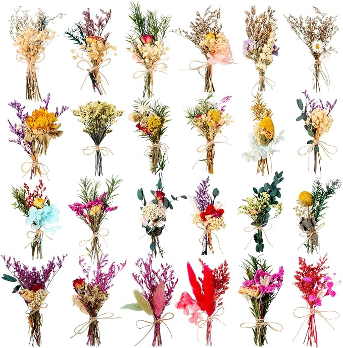 Tinideya 24 Pcs Dried Flowers Bouquet Boho Mini Dried Flower with Stem Small Floral Plants Mixed Natural Flowers Bundles for Crafts Vase DIY Photo Props Wedding Decoration