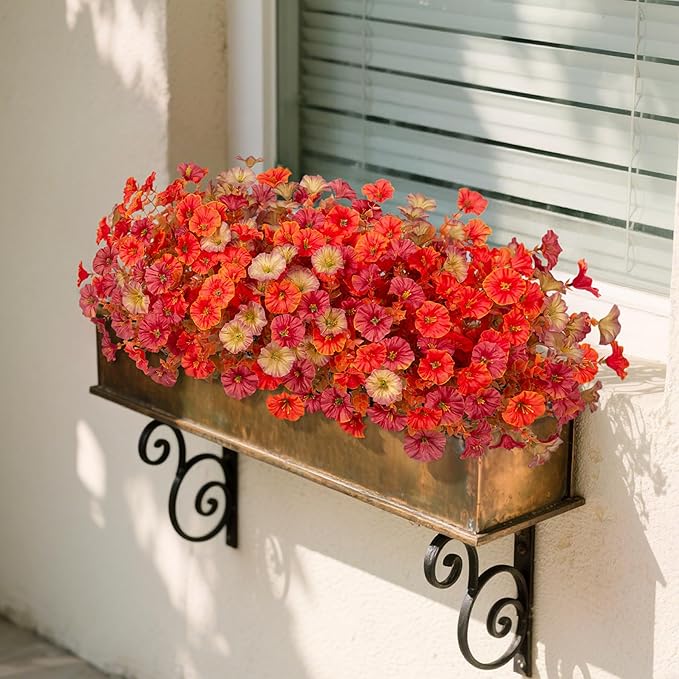 Hrobek Fall Artificial Flowers for Decoration, 12 Bundles Fake Autumn Flower Plants Petunias, Faux Silk Morning Glory Eucalyptus for Planter Garden Porch Front Door Window Box, Red Orange