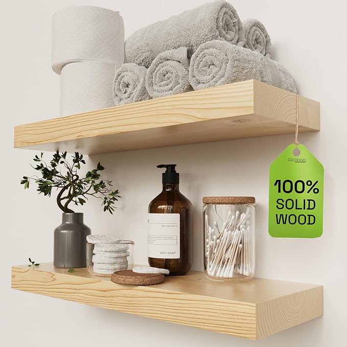 Solid Wood Floating Shelves for Wall 20 Inch Natural Wood, Wooden Shelf | Real Wood, 20 Inches Wide, Wall Mount, Light Oak, Kitchen Bathroom Bedroom, Rustic , Natural Oak Finish, 20W × 6.7D, Set of 2