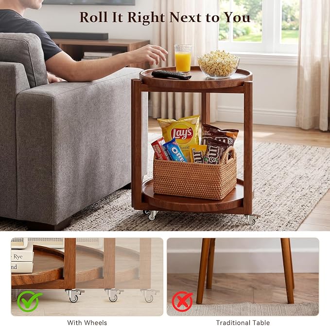 Taitiy Small Round Side Table with Wheels Solid Wood 2 Tier End Table with Storage Mobile Nightstand for Small Spaces Rolling Side Table for Couch & Bedside Walnut 17.7"