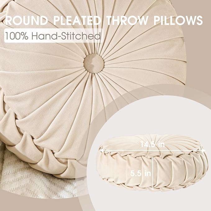 ROSE&RISY Round Pleated Velvet Throw Pillows, 2 Pack Decorative Accent Pumpkin Pillow Cushion for Couch Sofa Bed, Soft Plush Retro Vanity Throw Pillows for Home Decor, 14.5 Inch, Cream