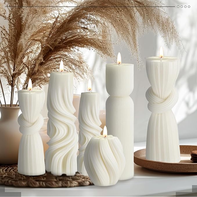 Threlaco 6 Pcs Ribbed Pillar Candles Modern Aesthetic Ribbed Decorative Candle Set Cute Soy Wax Scented Decor for Home(Milky White)