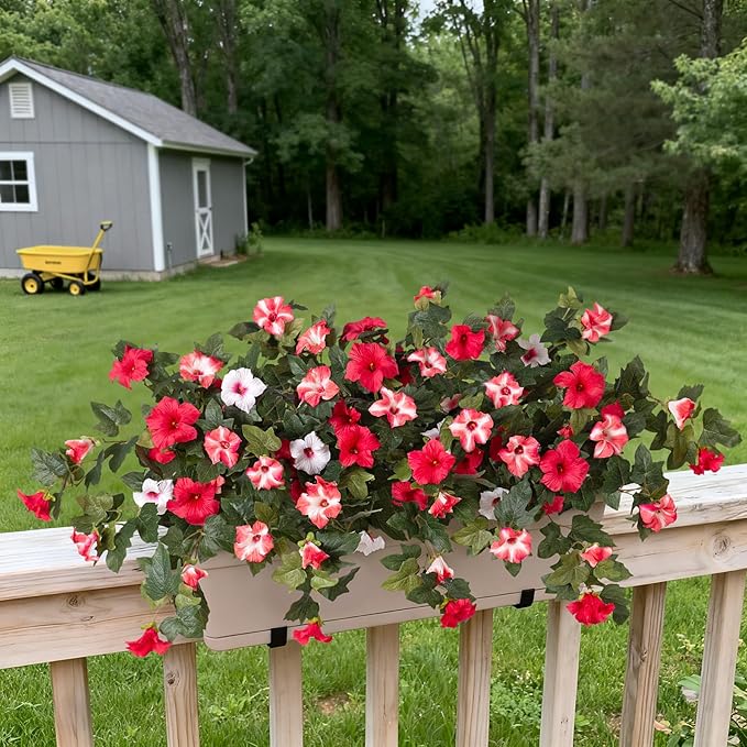 2PCS Artificial Petunia Flowers for Outdoors, Fake Flowers for Outdoor Planters UV Resistant Faux Silk Petunias for Garden Porch Yard Balcony Patio Realistic Home Kitchen Decor(Red Pink White)