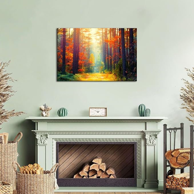 Large Autumn Wall Art Fall Forest Landscape Wall Decor for Living Room Bedroom Kitchen Orange Maple Leaves Pictures Sunrise Scenery Canvas Prints Nature Tree Paintings Artwork Home Decorations 24x36”