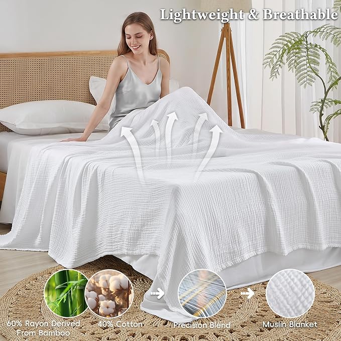 David's Home Soft Muslin Blanket Twin Size for Adults, 60% Rayon 40% Cotton, Breathable Lightweight Cooling Blanket for Hot Sleepers, 4-Layer Cozy Gauze for Bed, 66"x90", White