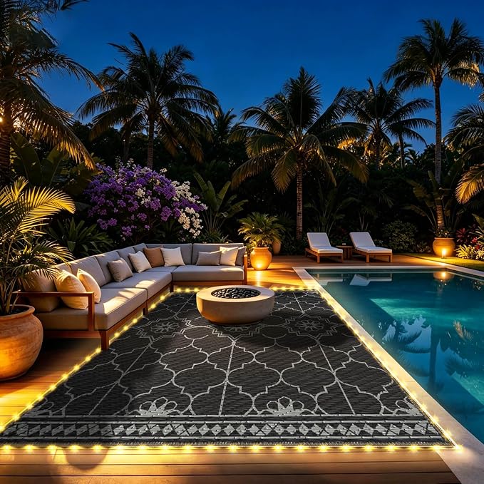 8x10Ft Outdoor Rug, Solar Powered Outdoor Rug with 113LEDs Strip Lights for House Deck, Waterproof Plastic Reversible Outdoor Straw Rugs, Rugs RV Camping Patio Courtyard Beach Picnic(Black Gray)