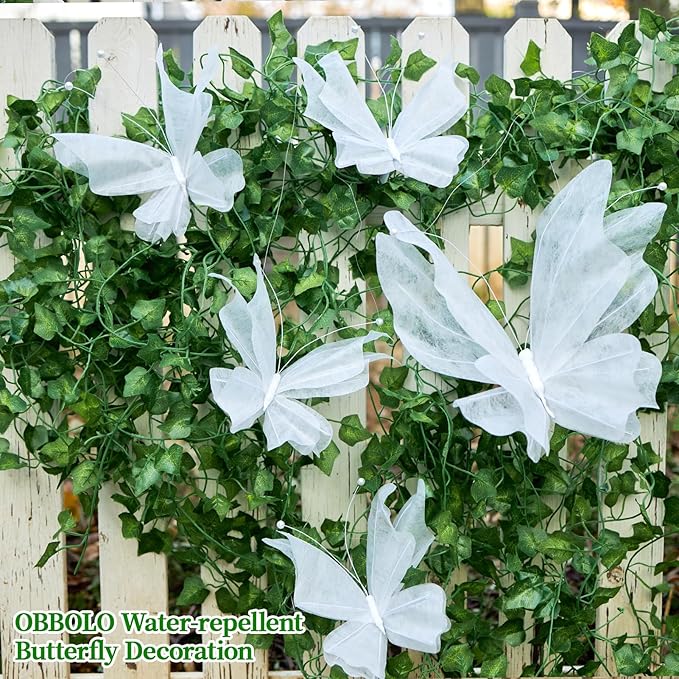 OBBOLO 3D Hanging Butterfly Decorations, White Butterfly Birthday Party Decorations, 5 Pcs Water-Repellent Paper Butterfly Hanging Decorations for Girls, Women, Flower Garden Party Décor