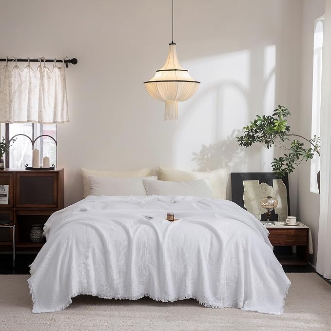 FOSSA Muslin Blanket: 4-Layer 100% Cotton Gauze Blanket with Fringe 98"x98" | Super Soft Breathable Lightweight All Season & Decorative Blanket or Bed, Sofa, Office (Bright White, Oversize Queen)
