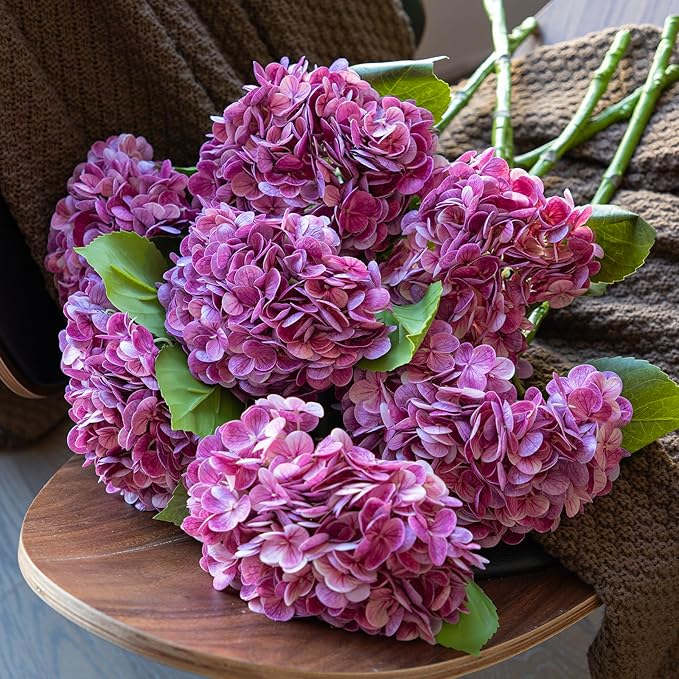 DUYONE 3PCS 22 inch Realistic Artificial Hydrangea Large Flowers Artificial Flowers Dry Flowers Outdoor Wedding Christmas Office Family Party Living Room Table Decoration (Rose Red)