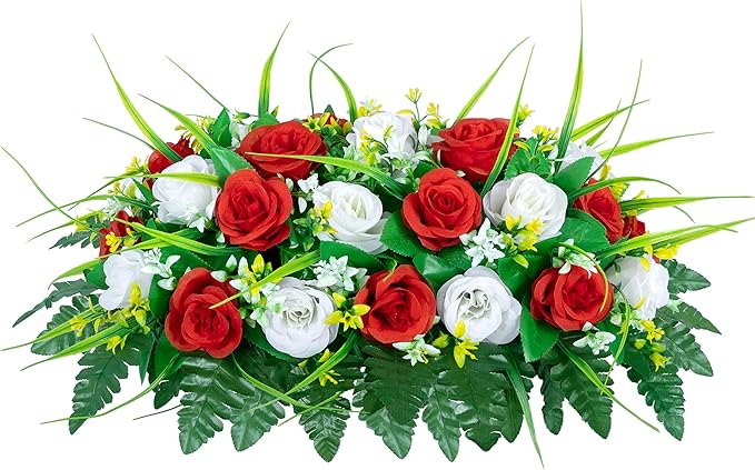 DONODA Cemetery Tombstone Flower Saddle - Outdoor Grave Decorations - Non-Bleed Colors, Rose Combination Flower (Red and White Saddle)