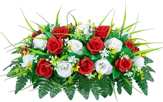 DONODA Cemetery Tombstone Flower Saddle - Outdoor Grave Decorations - Non-Bleed Colors, Rose Combination Flower (Red and White Saddle)
