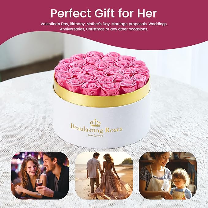 27 Preserved Roses Forever Flowers Real Roses in a Box Mother's Day Birthday Flowers for Her Mom Women Wife Valentine's Day, Pink Roses