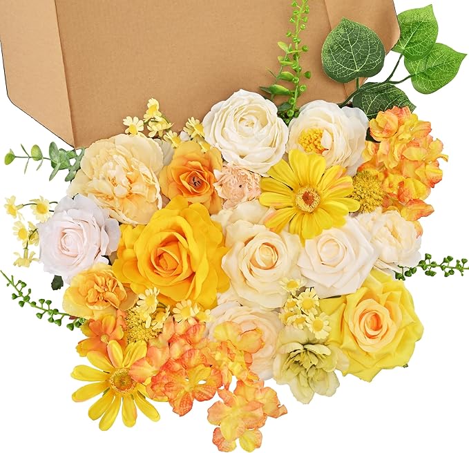 Artificial Flowers Combo Box, 31PCS Fake Flowers, Silk Flower Mix with Wire Stem, DIY Wedding Bridal Bouquet for Arrangement, Shower Party Home Décor | Golden Yellow & Ivory Mix