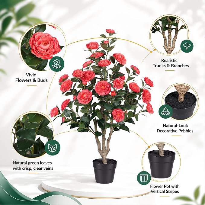 2 Pack 3FT Artificial Camellia Tree with Pink Flowers, UV Resistant Extra Lush Faux Potted Flowering Plant for Indoor Outdoor Front Porch Patio Home Office Decor, 36 Inch Tall Fake Tree