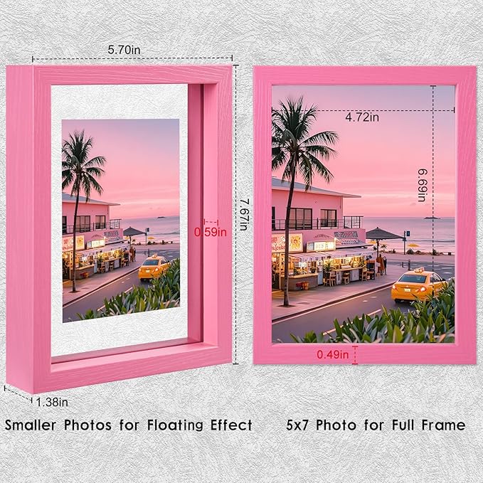 MUYE 5x7 Floating Frame Set of 2,Double Real Glass Photo Frame for Wall Hanging or Tabletop Standing,Also Display 4x6 or 3x5 Photo for Floating Effect,Pink
