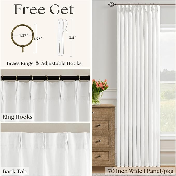 70 Wide Off White Semi Sheer Pinch Pleated Linen Curtains 90 Inch Long | 70 Inch Extra Wide, Ivory, Privacy, Light Filtering, Bedroom, Living Room, Burlap Textured, Memory Shape, Hook Rings, Boho