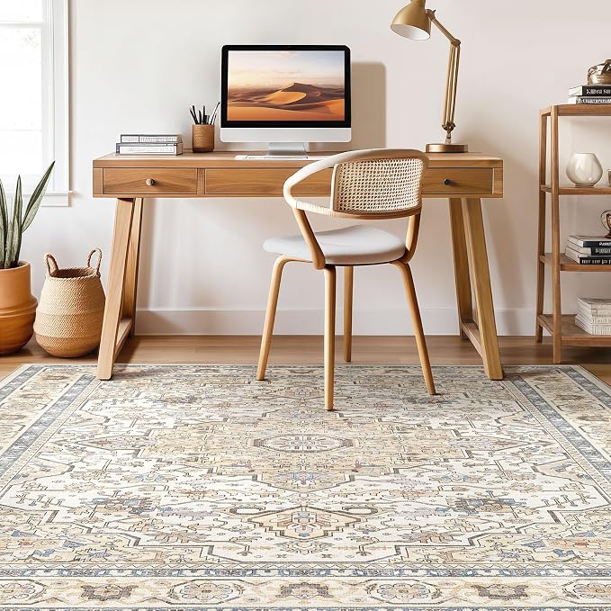 7x9 Area Rug Living Room: Washable Boho Large Neutral Vintage Soft Rug Stain Resistant Farmhouse Non-Slip Indoor Floor Carpet for Bedroom Nursery Kids Playroom Office Dining Room- Sand Blue
