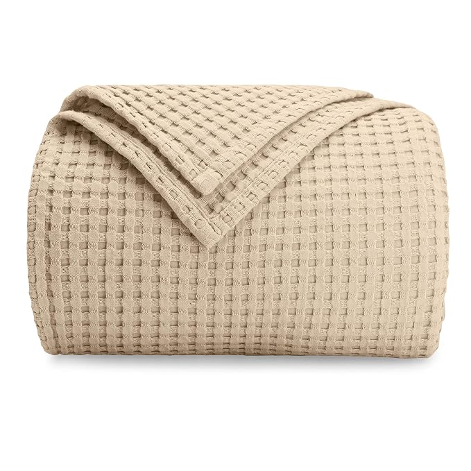 Comfy Cubs 100% Cotton Waffle Weave Throw Blanket Breathable Skin-Friendly Soft Lightweight Blankets - Perfect Warm Textured Blanket Layer - Size for Couch Bed & Sofa (Sand, 50" X 60")