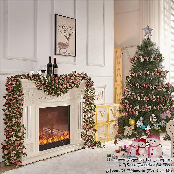 PONKING 8 Pcs x 8.2 ft Flower Garland Artificial Rose Vine Flowers with Green Leaves Hanging Fake Roses Vine for Room Party Home Wedding Birthday Christmas Wall Arch Decor, Champagne Flower