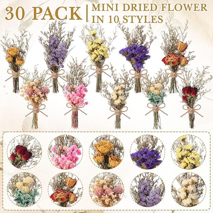 Riceshoot 30 Pcs Dried Flower Bouquets Mini Dried Flowers Bulk with Stem Natural Real Flower Bundles Forget Me Not Boho Floral Arrangement for Crafts Vase Dly Wedding Decor Bridesmaid Gift, 10 Styles