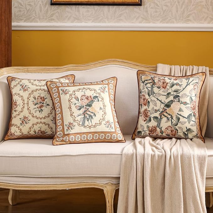 patdrea French Vintage Linen Throw Pillow Cover,18"x18"-ParkerEstate B | Decorative Pillow Case with Zipper,Bird and Floral Pattern,Cushion Coverfor Couch Living Room Bedroom Sofa