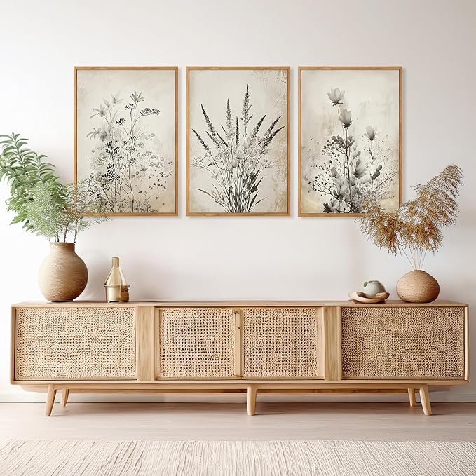HOURIA 3Pcs Large Vintage Black White Botanical Floral Framed Canvas Wall Art Set(16"x24"),Retro Farmhouse Wildflower Wall Decor Rustic Minimalist Plant Flower Art Prints for Living Room Bedroom Office